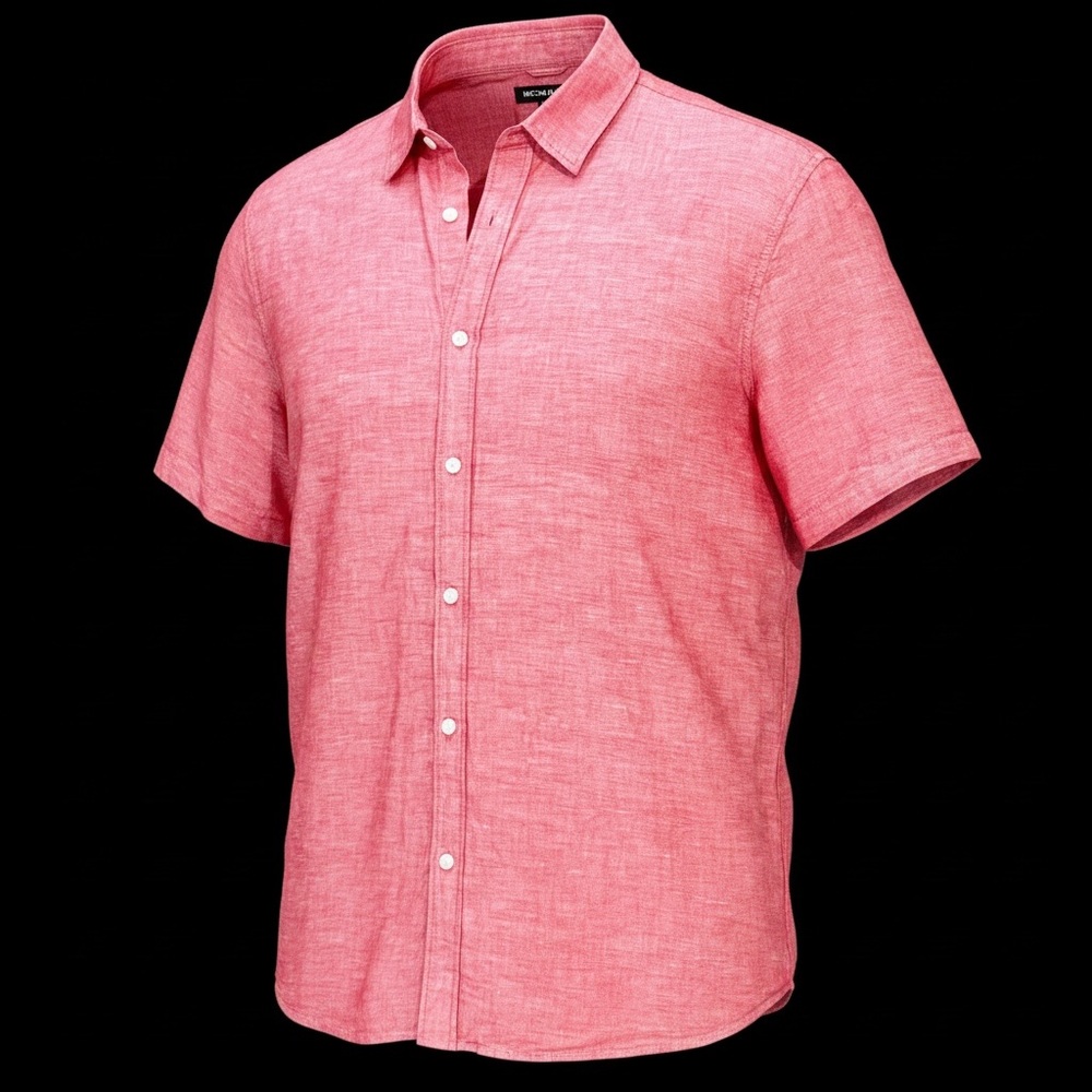 Michael Kors Mens XL Linen Blend Shirt Pink/Red Short Sleeve Button Front